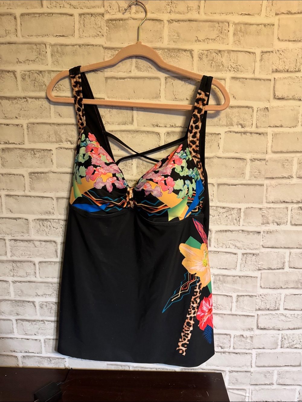 Land's End brown hot pink colorful racer back swim dress with bra XL